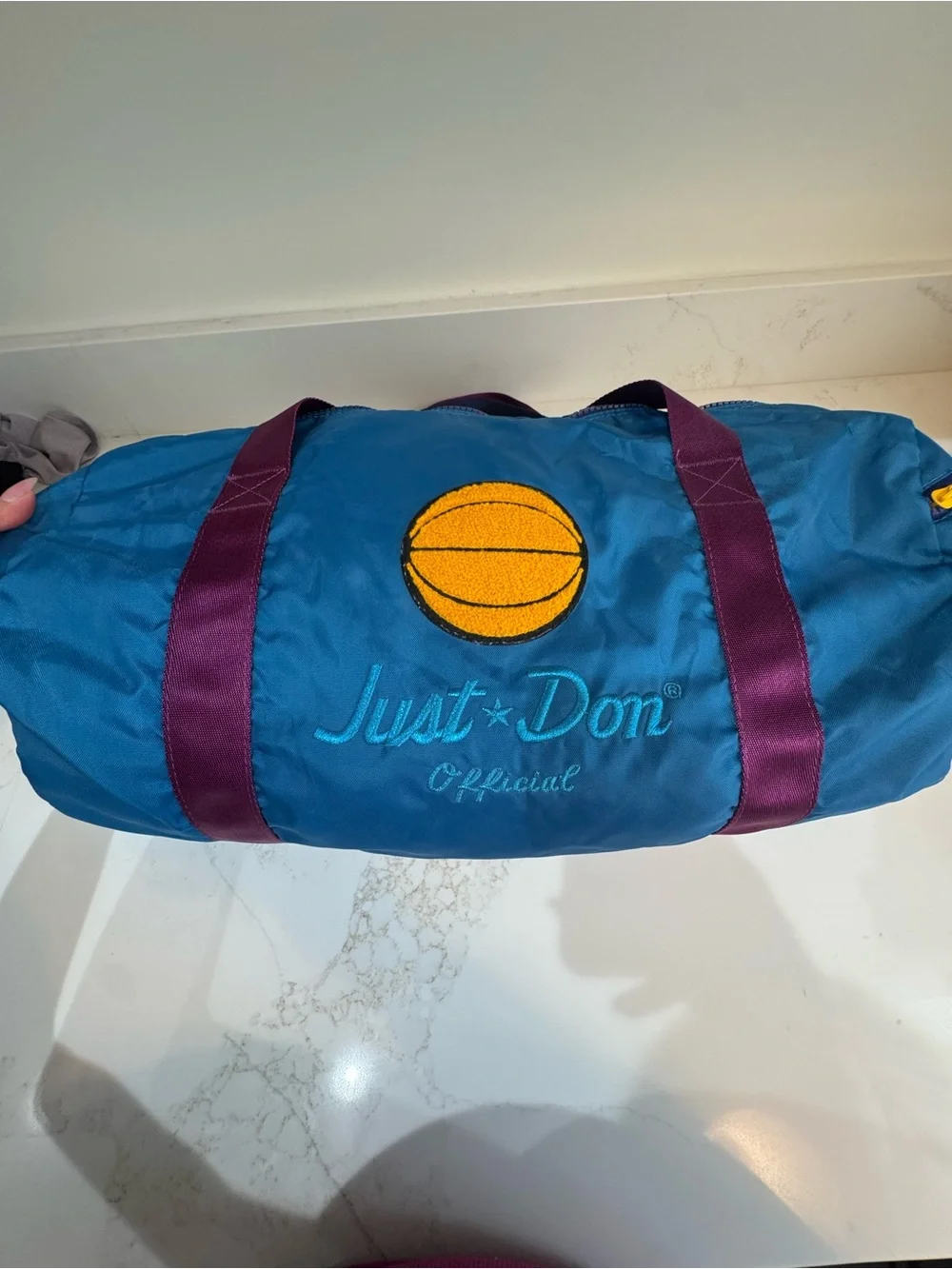 Just Don Blue Duffel with Purple Handles and Yellow Basketball Patch - converse